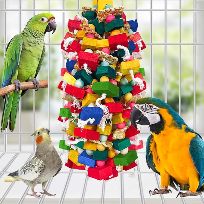 Bird Toys for Large Parrots Colorful Natural Wood Block Parrots Chew Foraging Toys for Bird Cages Cockatoos, Macaws, African Greys, and Amazons