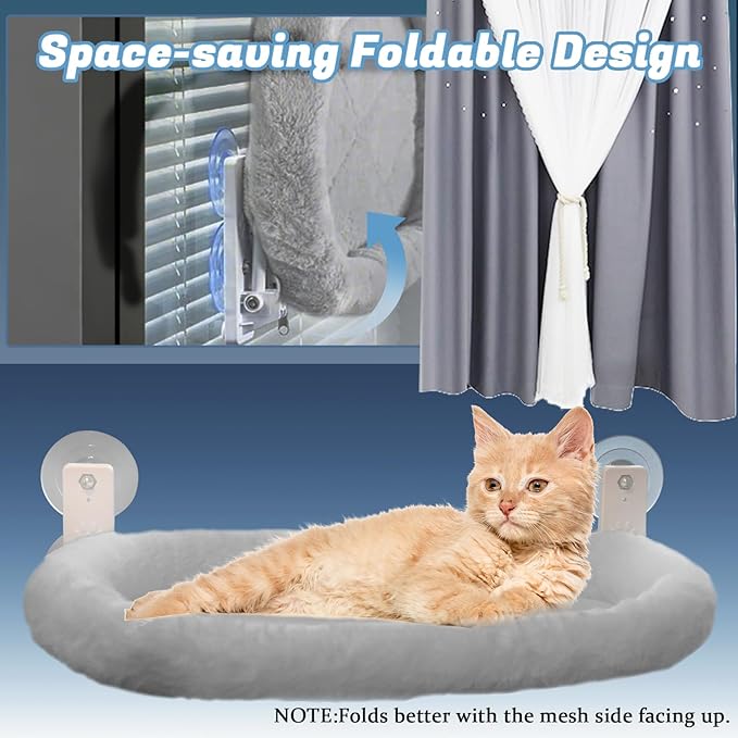 Extra Large Cat Window Perch (23.8×11.8in) - Washable 2-Season Fabric Cover, 4 Strong Suction Cups, Solid Metal Frame - Foldable Cat Hammock for Large Cats/2 Cats, Cordless Design (Grey)