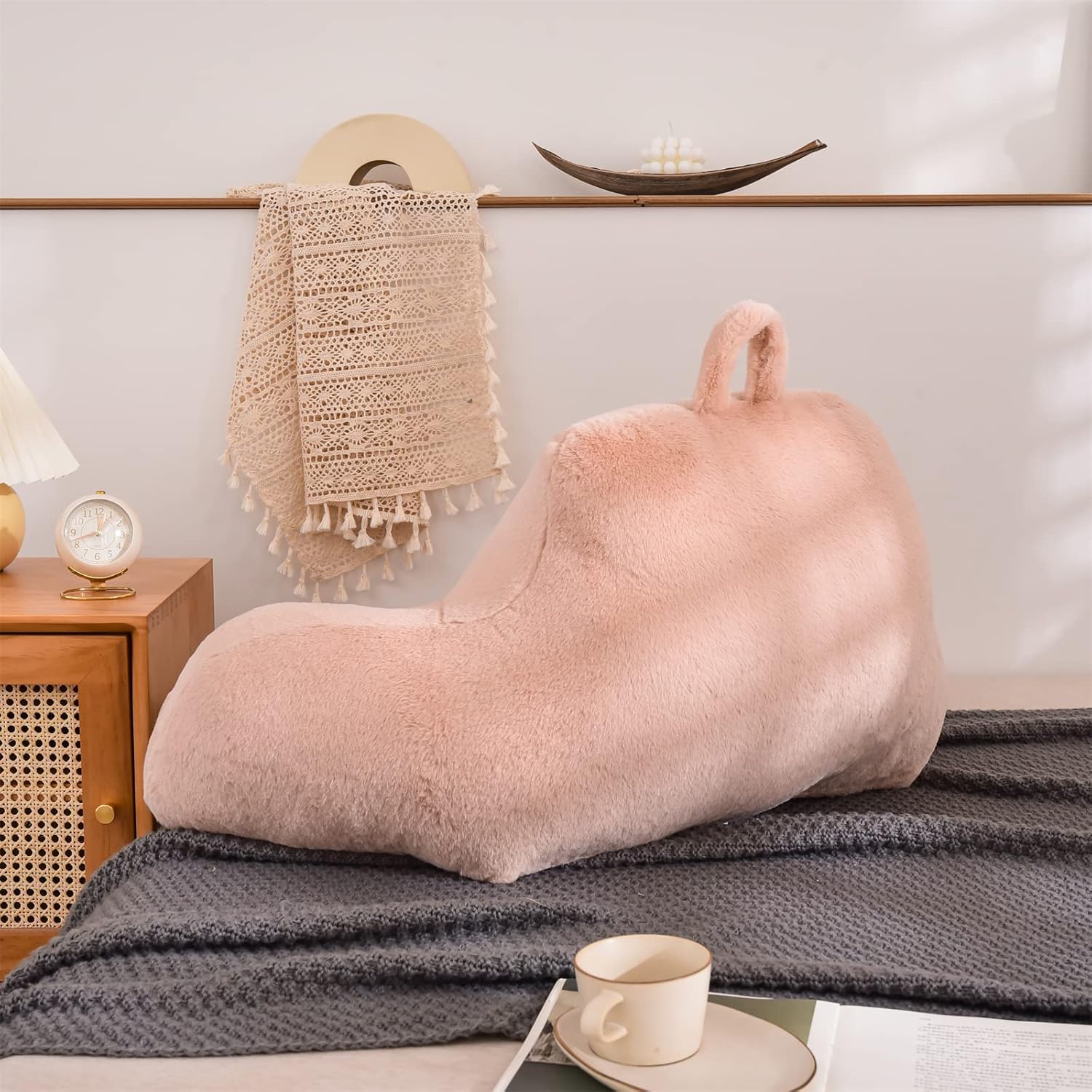 A Nice Night Faux Fur Soft Reading Pillow Bed Wedge Adult Backrest with Arms Back Support for Sitting Up in Bed/Couch for Bedrest,Pink,Large