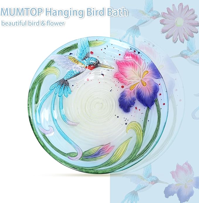 MUMTOP Hanging Bird Baths for Outdoors - Glass Bird Bath, 12 Inch Hanging Bird Bath Bird Feeder Bowl for Outside, Garden, Lawn Yard Decor