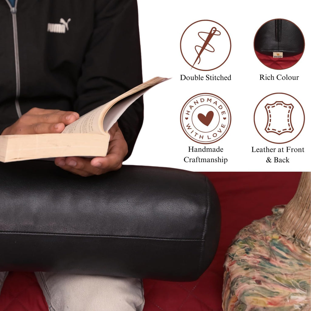 Neck Roll Pillow Cushion Cover, 24x7 Inch Full Moon Round Bolster Pillow Case, Cylinder Soft Lambskin Leather Pillowcase for Head, Spine & Neck Support During Sleep - Black Pack of 1