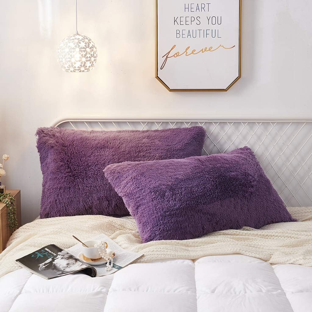 Uhamho Set of 2 Faux Fur Throw Pillow Covers Soft Velvet Decorative Pillowcases Zipper Closure (Purple, 20"x36")