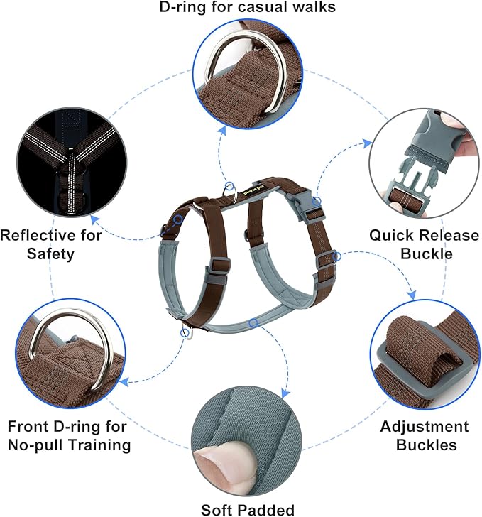 Plutus Pet No Pull Dog Harness, Adjustable Nylon Harness with Soft Padding, Reflective and Heavy Duty Dog Harness for Small, Medium, Large Dogs(Chocolate, XS)