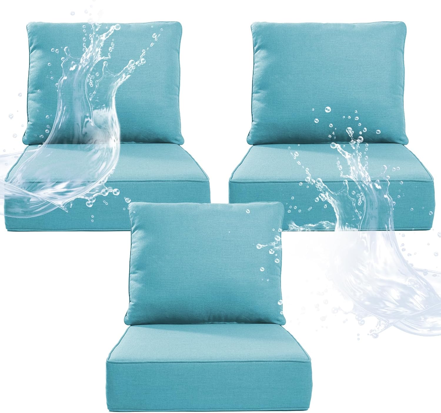 6" Thicker Outdoor Chair Cushion 3 Sets - 24" *24" *6" Waterproof Patio Furniture Cushions with Removable Cover, 28D High Density Sponge Filling Thicken Outdoor Patio Cushions - Turquoise