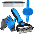 4-in-1 Pet Grooming Kit - Deshedding Rake, Fine Tooth Comb, Grooming Gloves & Massage Brush for Dogs & Cats - Remove Loose Hair, Reduce Shedding, Detangle Mats (Grooming Rake Set)