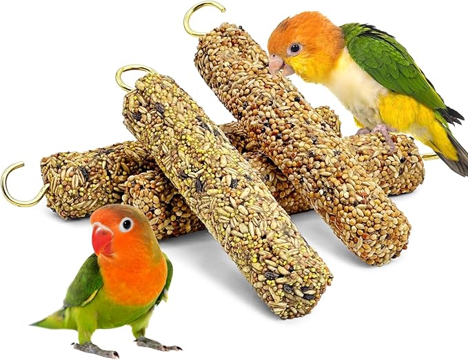 Fhiny Parakeet Treats, 4 PCS Natural Bird Crunch Sticks Grains Mixed Budgie Snacks Cockatiel Food Sticks Long-Lasting Chewing Toys for Parakeet Cockatiel Budgie Conure Parrot Lovebird Finch