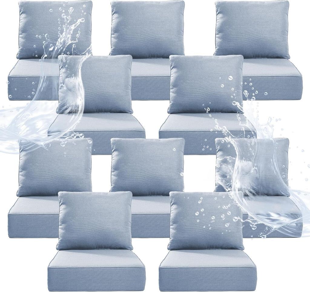 6" Thicker Outdoor Chair Cushion 10 Sets - 24" *24" *6" Waterproof Patio Furniture Cushions with Removable Cover, 28D High Density Sponge Filling Thicken Outdoor Patio Cushions - Baby Blue