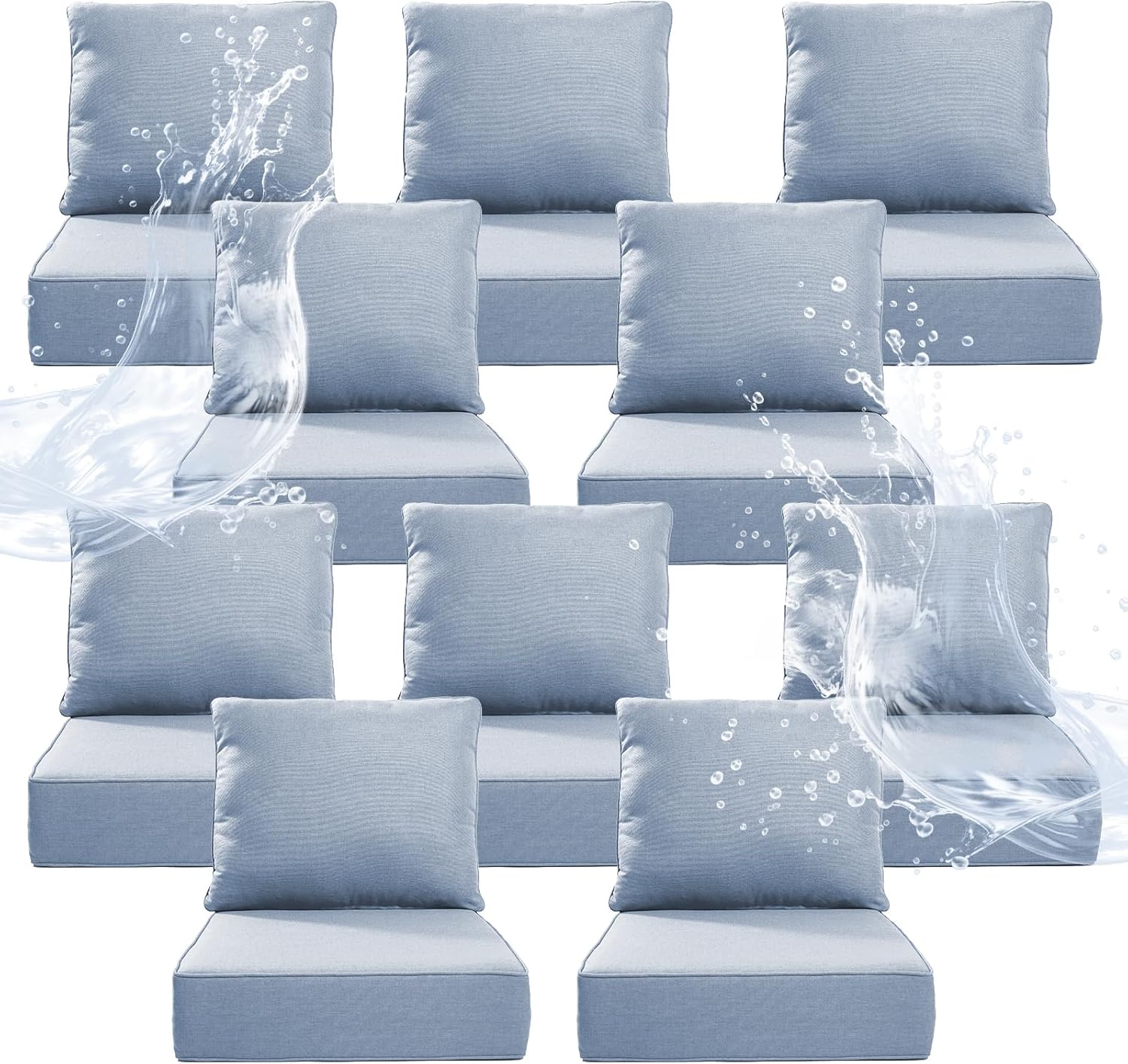 6" Thicker Outdoor Chair Cushion 10 Sets - 24" *24" *6" Waterproof Patio Furniture Cushions with Removable Cover, 28D High Density Sponge Filling Thicken Outdoor Patio Cushions - Baby Blue