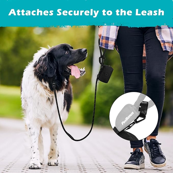 PetBonus Dog Poop Bag Holder, Portable Pet Waste Bag Dispenser, 2 Pouches for Treats and Walking Accessories, Fit All Leashes, Includes 1 Roll of Dog Poop Bags (Black)