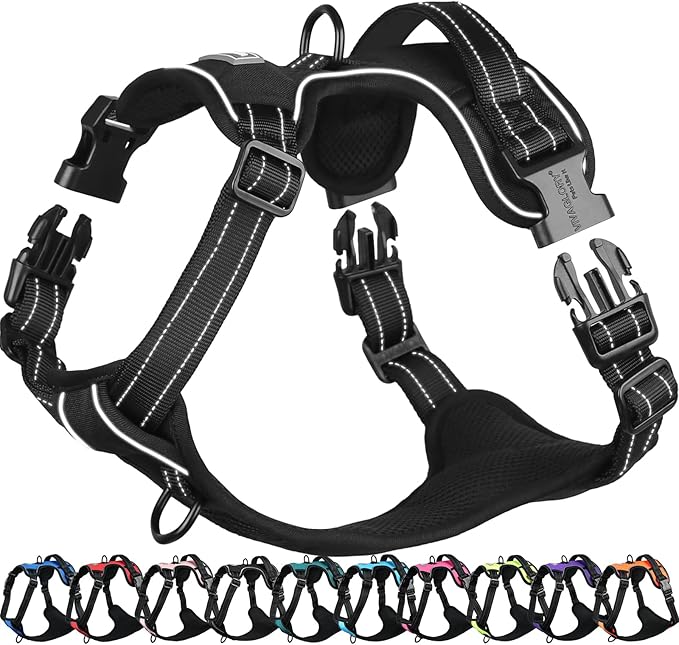 VIVAGLORY Dog Harness Easefit No Pull Dog Harness with Front Clip & Handle for Lifting Training, Adjustable Padded No-Pull Anti Pull Easy On for Puppy & Pet, L, Black