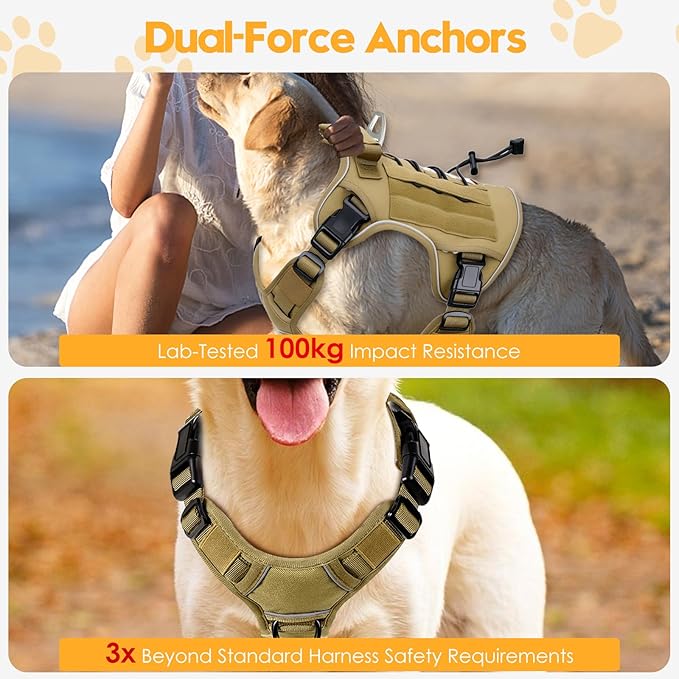 Heavy-Duty Tactical Dog Harness for Large Dogs, No Pull Adjustable Reflective Pet Vest with Molle System, K9 Military-Grade Control for Service Training, Outdoor & 10+ Breeds, Khaki, Large