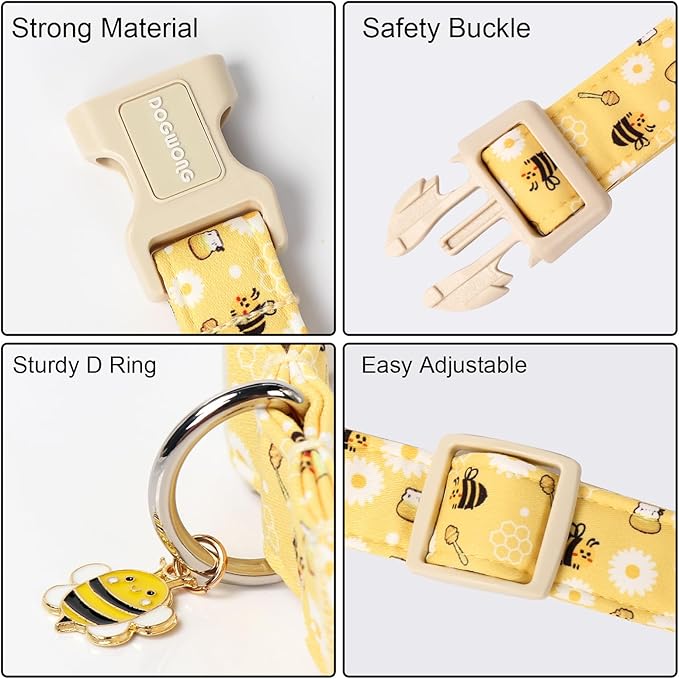 DOGWONG Yellow Bee Dog Collar- Cute Fun Dog Collars Adjustable Designer Spring Puppy Yellowe Dog Collar for Small Medium Large Dogs L