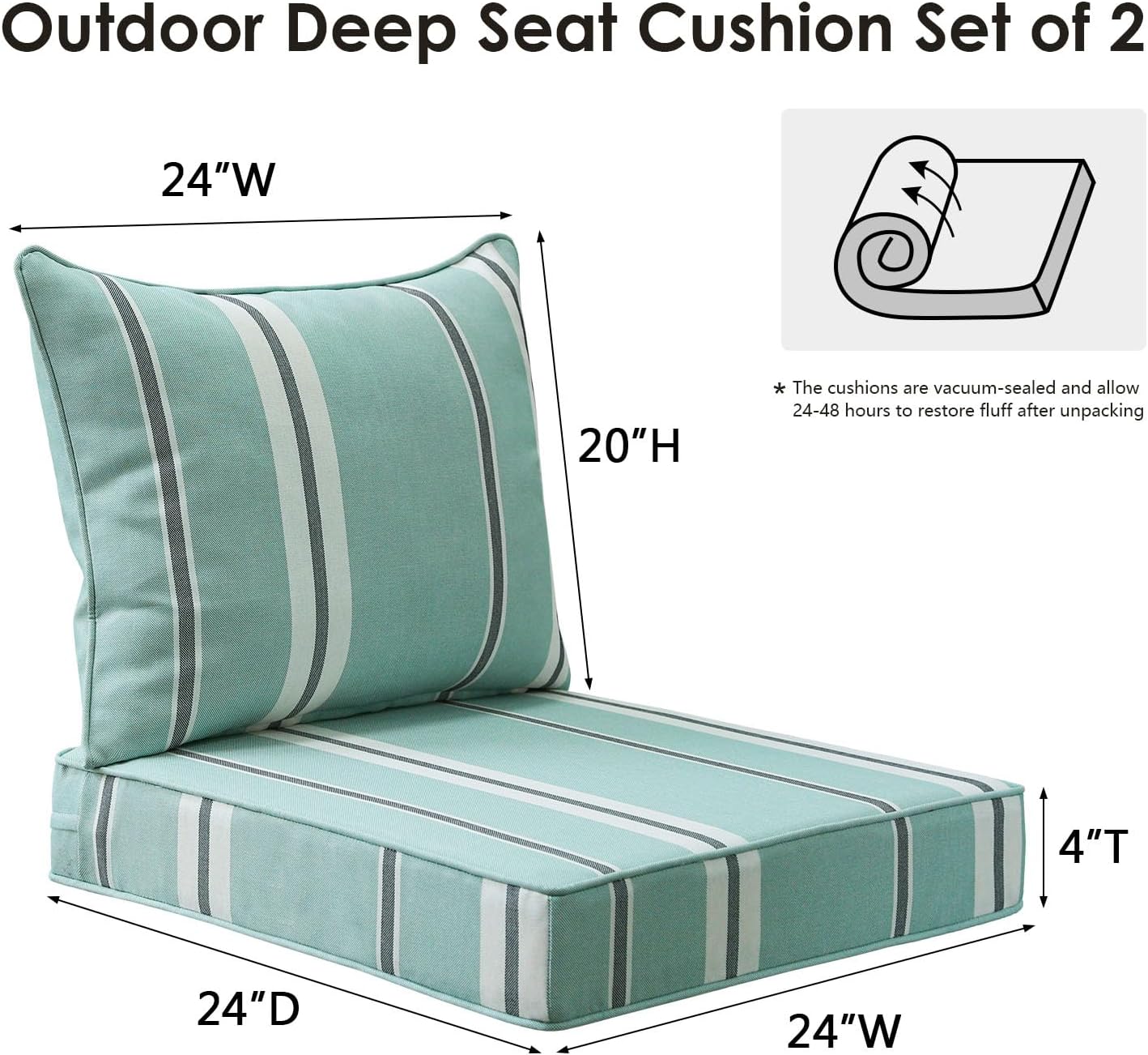 Outdoor Patio Chair Cushions Set, 24" x 24", Set of 2, Water-Repellent, Fade Resistant, Deep Seat Bottom and Back Cushion for Backyard, Couch, Sofa and Patio Furniture, Aqua Stripe