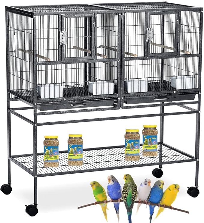 Combo Breeding Stacker Center Divided Breeder Bird Flight Double Rolling Cage with Side Breeding Nest Door (Black Vein, Single Stack)