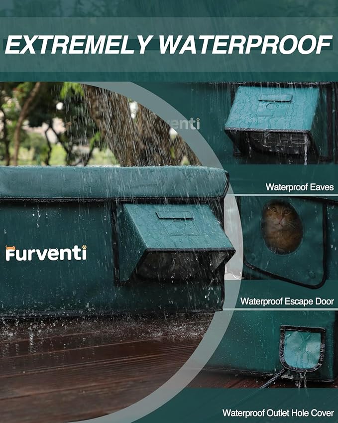 Outdoor Heated Cat House in Winter,Extremely Insulated & Weatherproof,Feral Cat Shelter with Waterproof Eaves & Escape Door for Outside Stray Barn Cat(Dark Green,23.6"x16.5"x13.4")