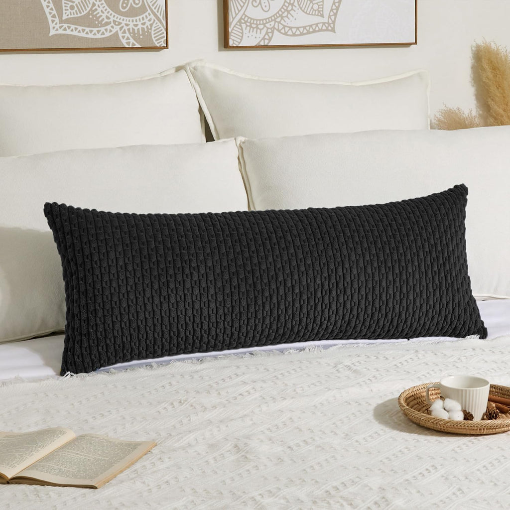 Kevin Textile 14x36 Inch Long Lumbar 1 Pack Boho Decorative Throw Pillow Cover Soft Striped Corduroy Rectangle Cushion Case Farmhouse Accent for Living Room Couch Sofa Bed, Black