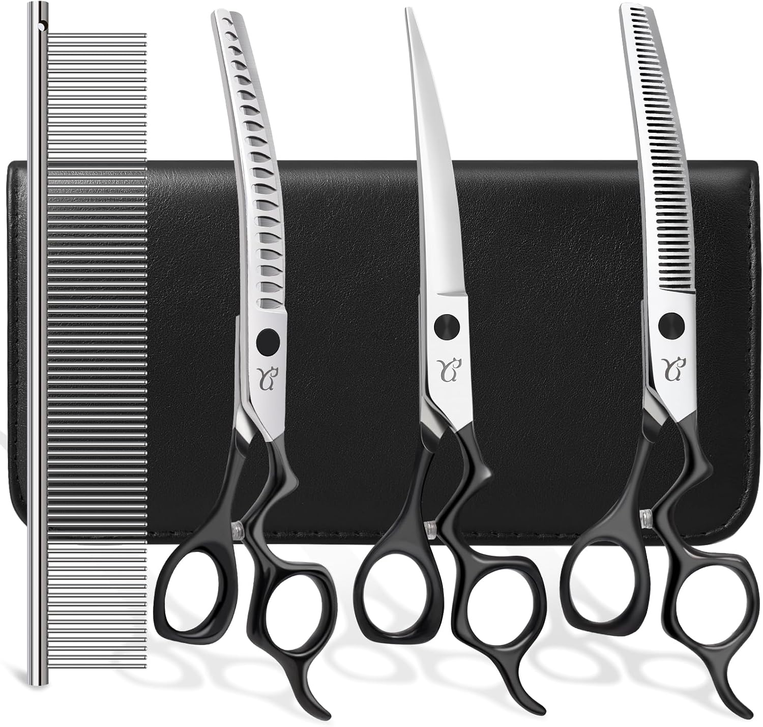 Dog Grooming Scissors,Curved Chunkers Shears Deg Grooming with Safety Round Tips, Sharp and Comfortable 4 in 1 Dog Scissers for Grooming