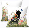 2 Pcs Floral Black Cat Pillow Cover, Vintage Black Cats Flowers Throw Pillow Covers Spring Summer Boho Cushion Cover, Suitable for Couch Sofa Bedroom Apartment Dorm Living Room Office Home Decor