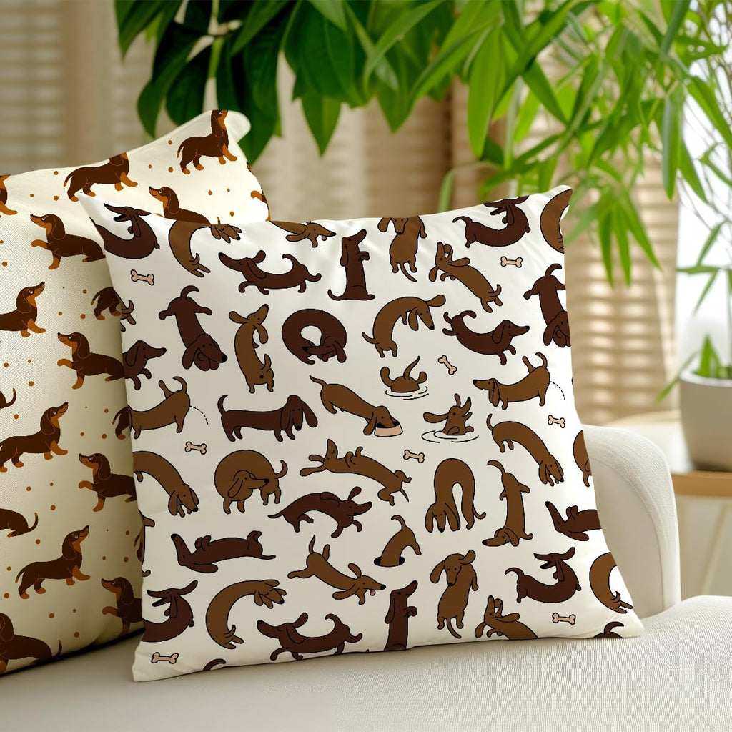 2 Pcs Cute Pet Animal Dachshund Dog Pattern Throw Pillow, Covers Linen Cushion Cover Cases Pillowcases Car Sofa Home Decor for Women Friend Sister Coworker Birthday Christmas