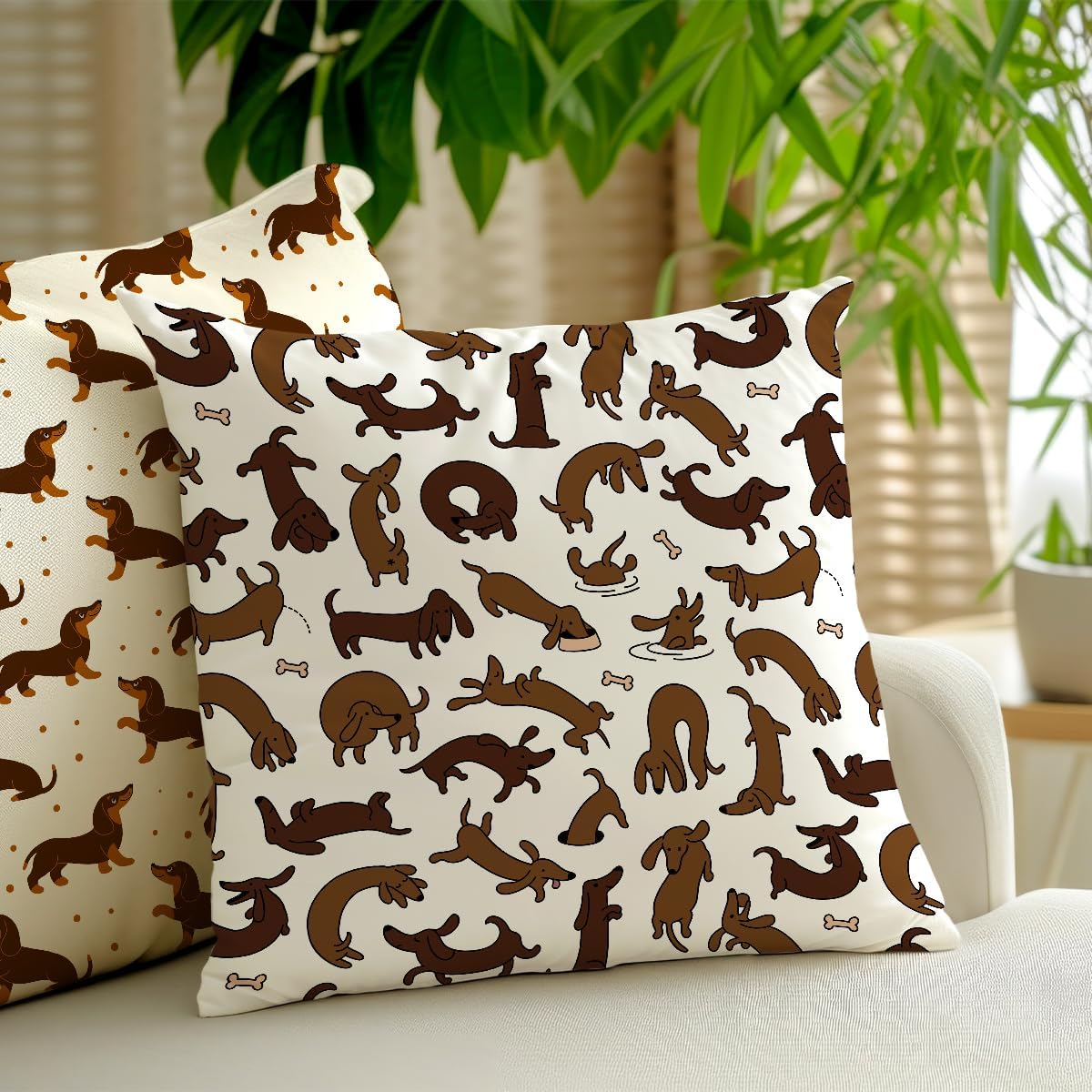 2 Pcs Cute Pet Animal Dachshund Dog Pattern Throw Pillow, Covers Linen Cushion Cover Cases Pillowcases Car Sofa Home Decor for Women Friend Sister Coworker Birthday Christmas