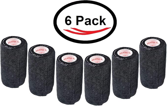 4 Inch Vet Wrap Tape Bulk (Black) (Pack of 6) Self Adhesive Adherent Adhering Flex Bandage Grip Roll for Dog Cat Pet Horse