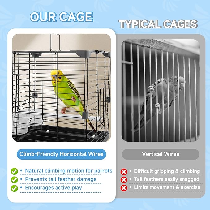 Small Bird Cage for Parakeets, Budgies & Canaries and More Small Birds - Lightweight Travel Birdcage & Bird Carrier with Handle, Stand, Removable Tray, Portable for Hanging, Outdoor Use, Black