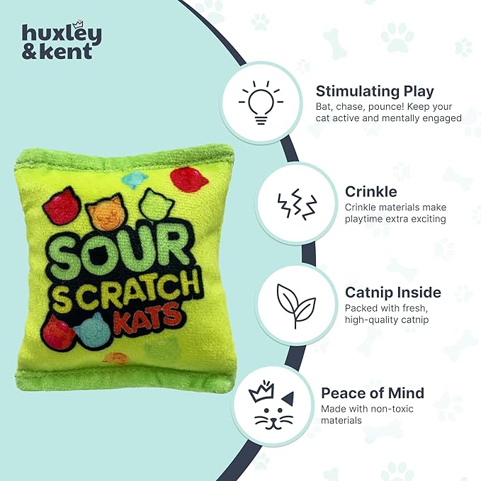 Huxley & Kent Plush Cat Toy - Interactive Catnip Toy for Cats & Kittens - Soft with Crinkle & Catnip - Fun Indoor Play - Sour Scratch Kats