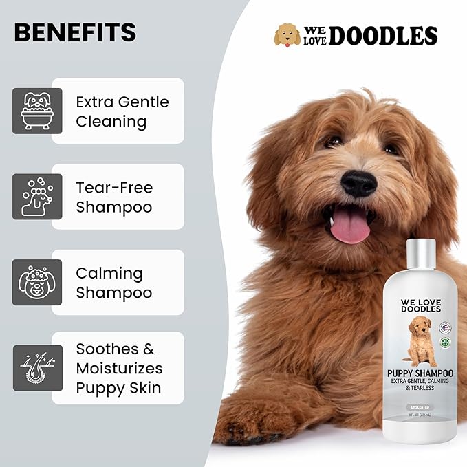 Puppy Shampoo & Conditioner | Made in USA | Tear Free | Best Shampoo for Puppies | Sensitive & Itchy Skin Wash | Oatmeal Bathing | Tearless, Unscented, 8oz [We Love Doodles]