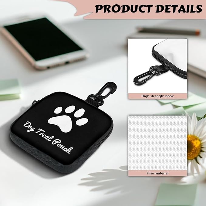 KEIAHUAN Dog Paw Print Dog Treat Pouch for Pet Walking and Training with Clip, Small Training Bag Portable Dogs Treat Bag Pet Snack Bags for Puppy, Black