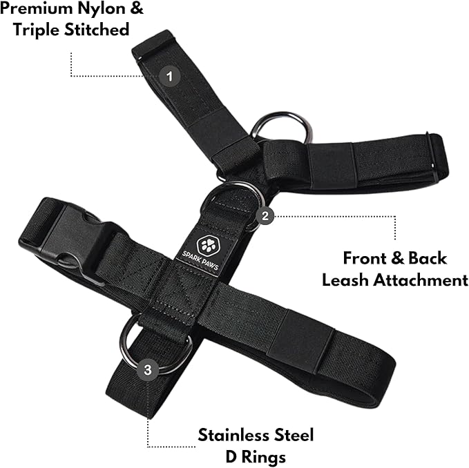 Spark Paws No Pull Dog Harness for Large Dogs, Heavy Duty Dog Harness for Big Strong Breeds, Adjustable, Y Shaped Padded Halter Design with Front Clip - Black - L