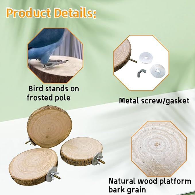 Hamiledyi 3PCS Perch Platform for Bird Cage Natural Round Wooden Stand Platform Bird Toy for Parakeet Cockatiel Parrot Budgie Sparrow Hamster Canary Bears