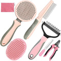 Pet Grooming Kit - 7 PCS Deshedding Brush Set with Slicker, Undercoat Rake, Bath Brush & Nail Clipper for Short & Long Haired Dogs, Cats (Pink)