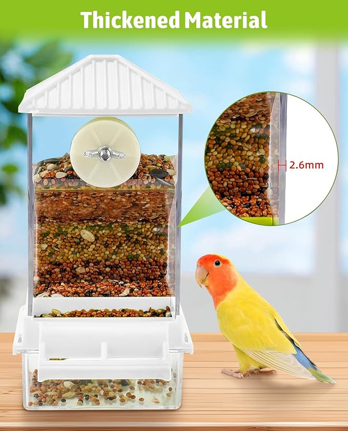 Hamiledyi Automatic Bird Feeder No Mess Bird Cage Feeder Seed Food Container with Perch Transparent Parrot Cage Accessories for Parakeets, Budgies, Cockatoos, Finches, Lovebirds, Canaries (White)
