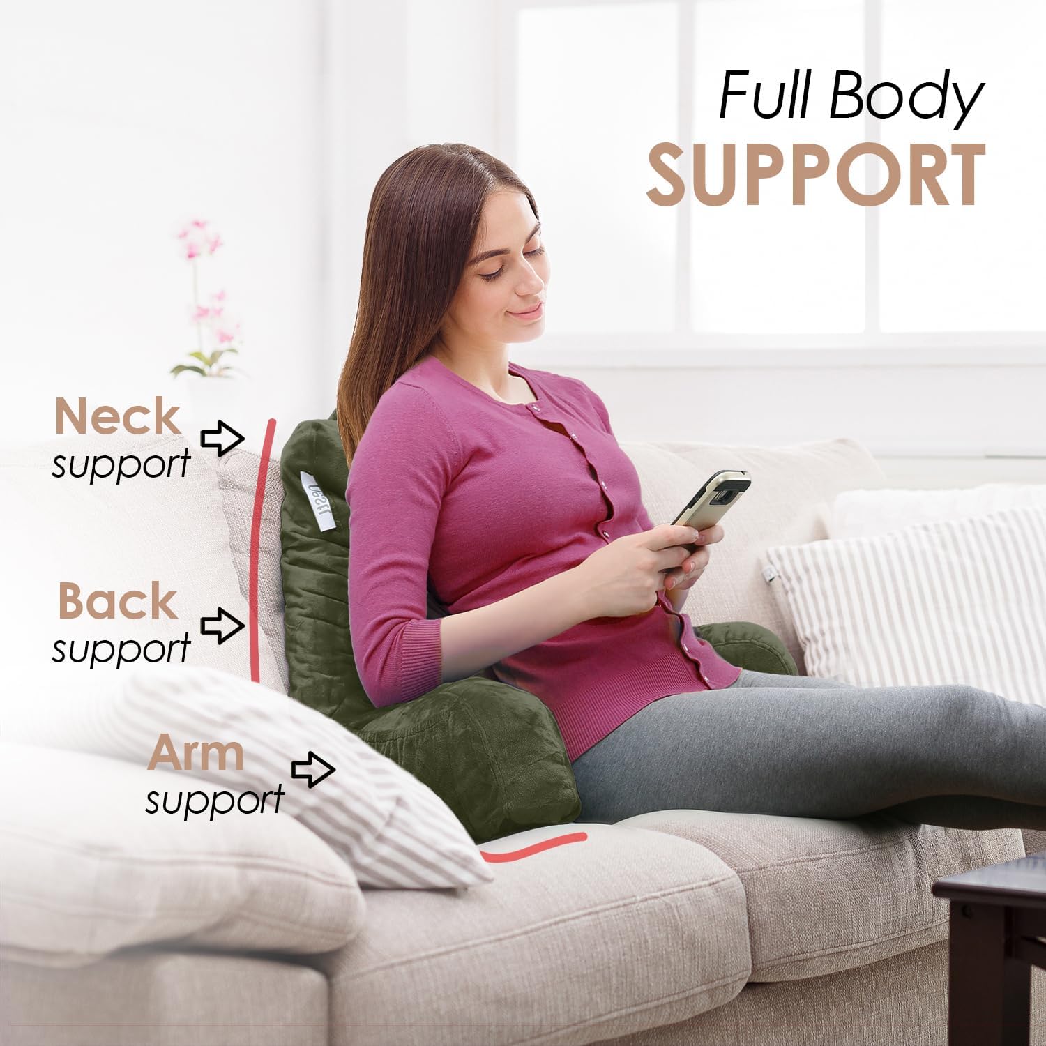 Nestl Reading Pillow for Kids & Teens with Shredded Memory Foam, Backrest Pillows for Reading, Watching, and Gaming, Use on the Couch, Bed, or Floor, Adjustable Support with Washable Cover Olive Green