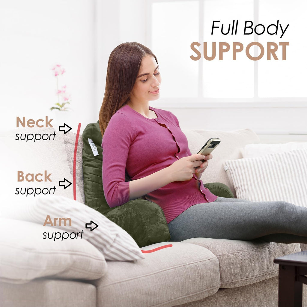 Nestl Reading Pillow with Shredded Memory Foam, Designed for Sitting Up in Bed and Couch, Back and Arms Adjustable Support for Adult & Teens Backrest Pillows for Reading, Washable Cover, Olive Green