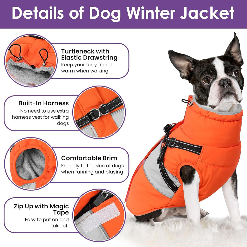 SUNFURA Dog Coat, XXL Dog Jacket Winter with Harness Built in, Waterproof Pet Snow Jacket with Furry Collar for Chilly Day, Reflective Fleece Snowsuit for Extra Large Dogs, Orange 2XL