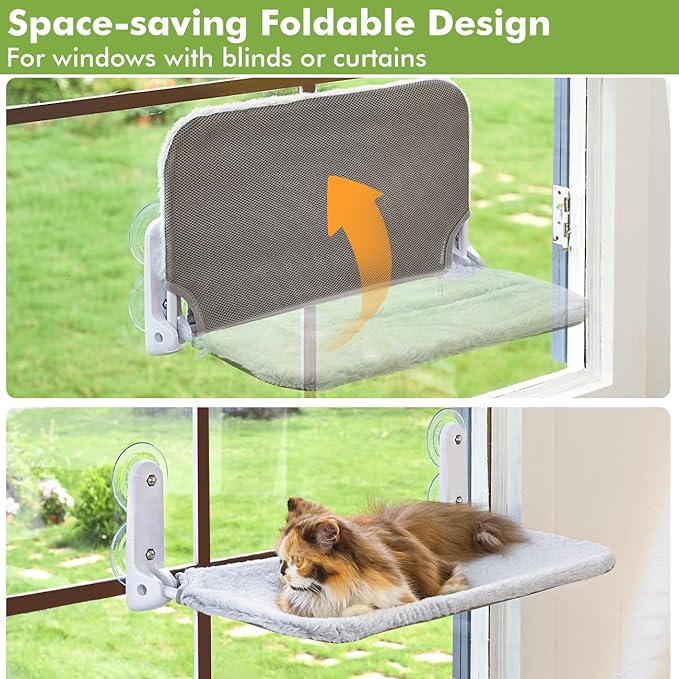 Cordless & Foldable Cat Window Perch with Metal Frame and Reversible Washable Cover Pet Hammock Bed, 4 Large Suction Cups Window Resting Seat for Indoor Cats Kittens (Grey - M)