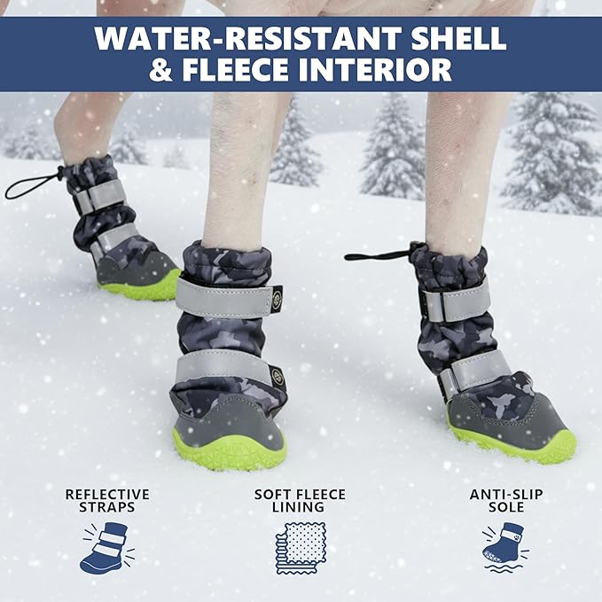 Spark Paws Dog Shoes, Waterproof Dog Boots for Medium to Large Dogs, Non Slip, Breathable Dog Booties and Paw Protectors - 4PCS Doggie Hiking Boots with Reflective Straps, Gray Camo, Size 1