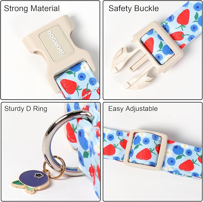 DOGWONG Strawberry Dog Collar, Blue Dog Collars Blueberry Adjustable Cute Pet Collars Girl Design Dog Collar for Small Medium Large Dogs