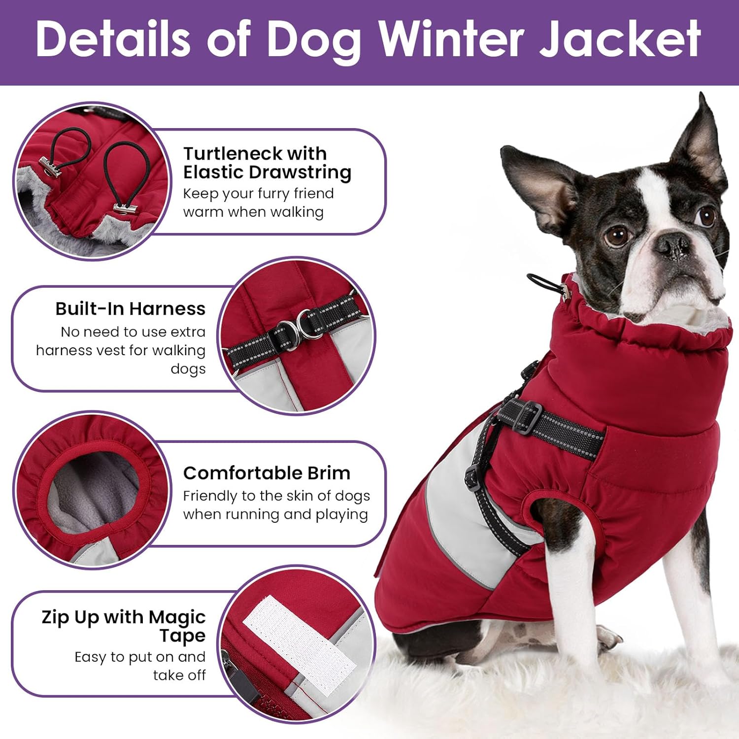 SUNFURA Dog Coat, XXL Dog Jacket Winter with Harness Built in, Waterproof Pet Snow Jacket with Furry Collar for Chilly Day, Reflective Fleece Snowsuit for Extra Large Dogs, Burgundy 2XL