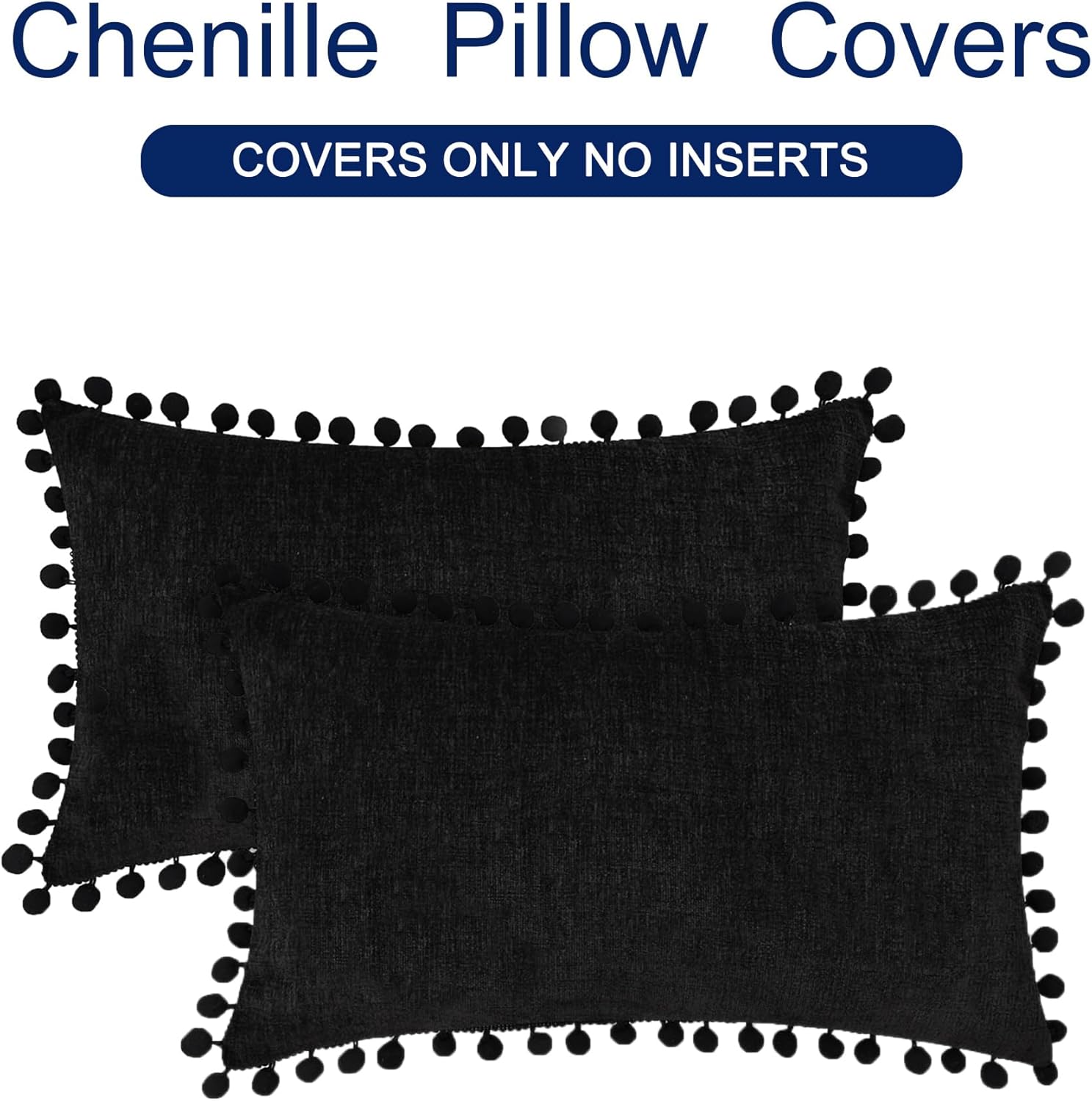 CaliTime Throw Pillow Covers Decorative 20 X 12 Inches Pack of 2 Cozy Solid Dyed Soft Chenille Cushion Cases with Pom Poms for Couch Sofa Bed Living Room Home Black