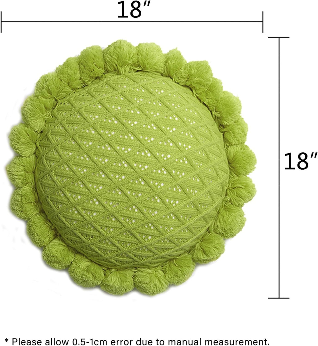 Acrylic Knitted Round Throw Pillow Knitting Bohemian Circular Cushion Pillow with Knit Handmade Pompoms Decorative Apple Green, Diameter 18inches