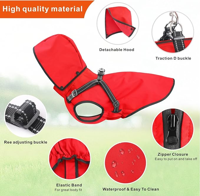 Mosucoirl Dog Raincoat Waterproof Dog Hoodie Reflective Dog Raincoat Hooded Adjustable Rain Jacket for Small Medium Large Dogs Puppies (Red, L)