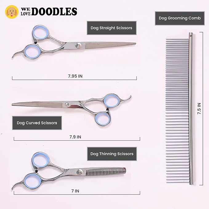 Dog Grooming Scissors Kit - Best Tools for Goldendoodles, Poodles & Doodles - Straight, Curved & Thinning Shears - Golden Doodle Grooming Kit - Professional Grade Steel, 4 Pc Set (Long Silver)