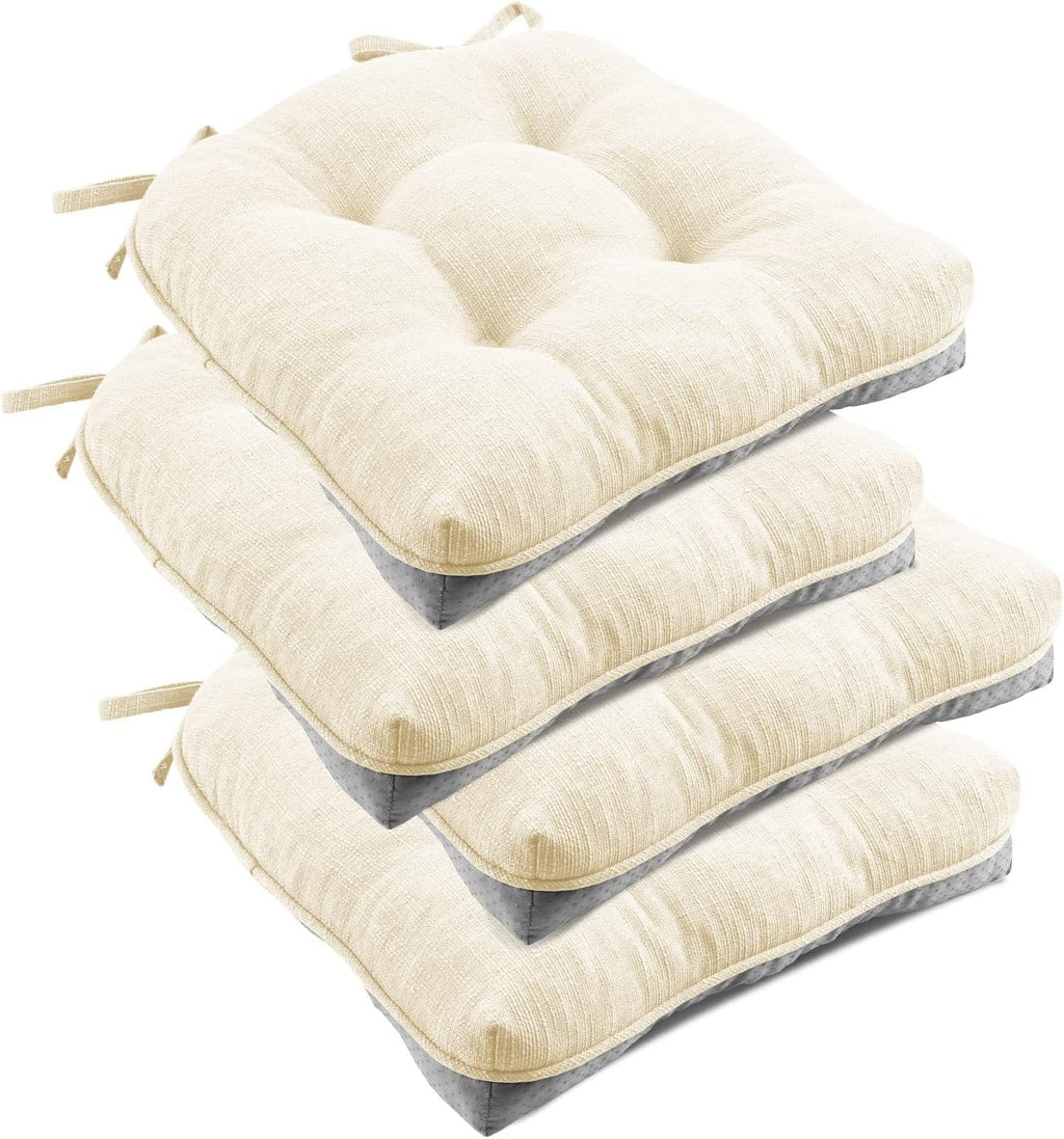 downluxe Indoor Chair Cushions for Dining Chairs, Tufted Overstuffed Textured Foam Kitchen Chair Pads with Ties and Non-Slip Backing, 15.5" x 15.5" x 4", Beige, 4 Pack