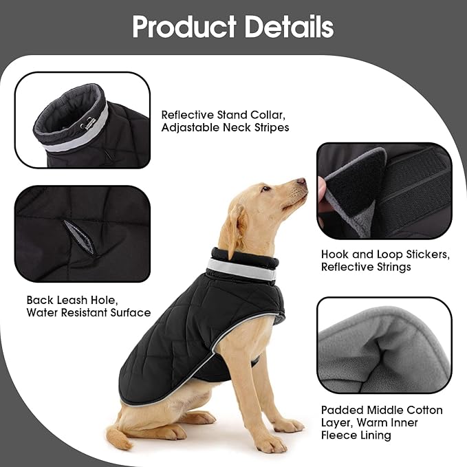 Dog Winter Coat Warm Padded Puppy Jacket Windproof Water Resistant Clothes for Small Medium Large Pets Christmas Sweater Outfit Vest(Black, XL)