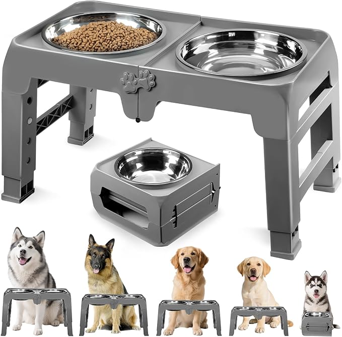 Elevated Dog Bowl Stand for Large Dogs - 2 Extra Large 10” Stainless Steel Bowls, 5 Adjustable Heights(7.5"-15.4"), Foldable Non-Slip & Durable, Portable Heavy Duty Travel Dog Feeder, Grey