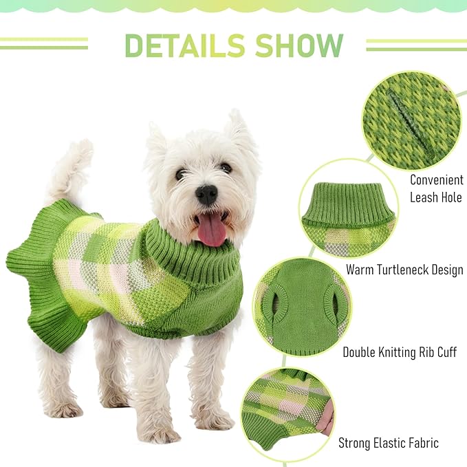 Dog Sweater Dress Plaid Knitwear for Small Medium Dogs Warm Puppy Pet Turtleneck Stretch Pullover Cute Fall Winter Vest Clothes with Leash Hole for Christmas (Green, M)