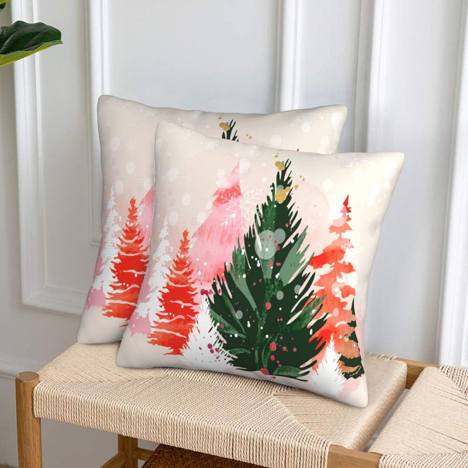 bassyil Christmas Tree Watercolor Throw Pillow Covers Decorative Linen Pillow Cases Set of 2 Square Cushion Cover for Couch Sofa Bedroom Patio 18x18 Inch