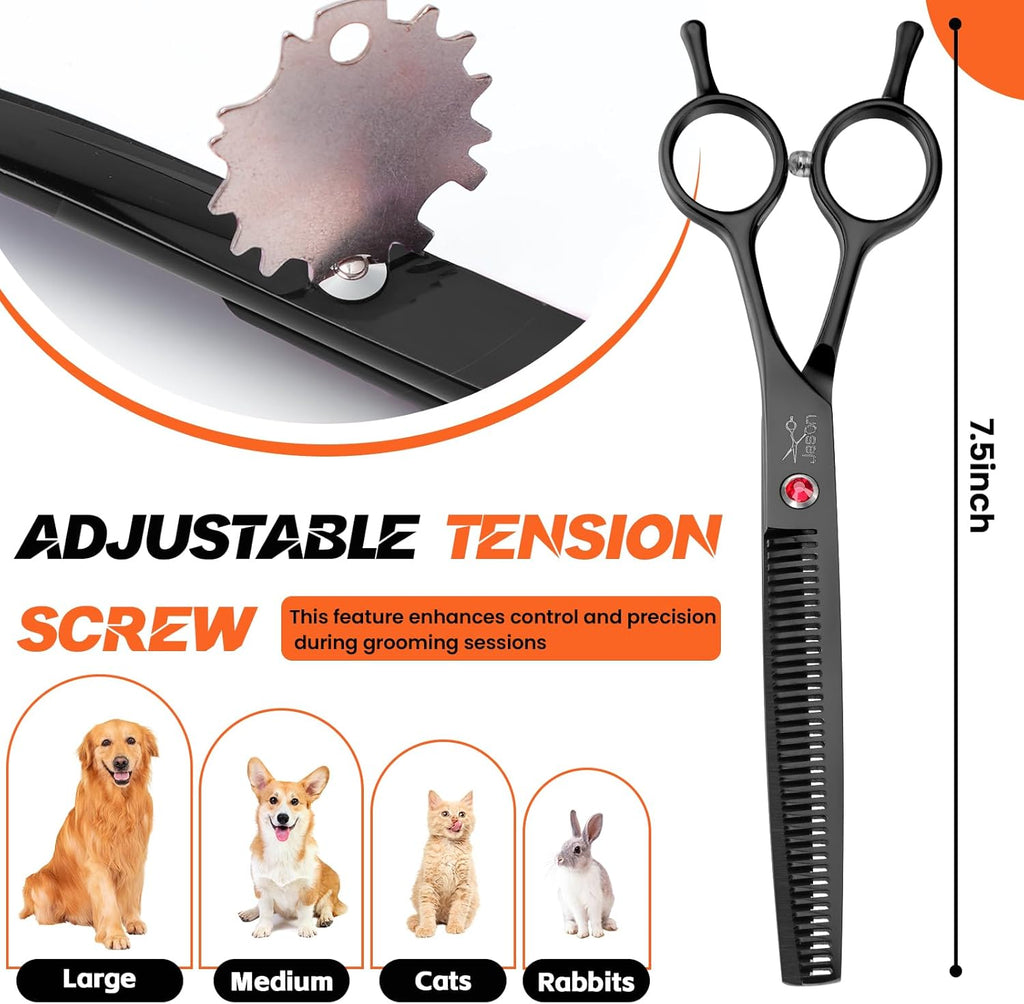 JASON 7.5" Dog Grooming Scissor - Professional Thinning Shear with 37 Teeth Japanese Stainless Steel Blender Scissors for Dogs, Cats and Other Pets (Thinning, Black)